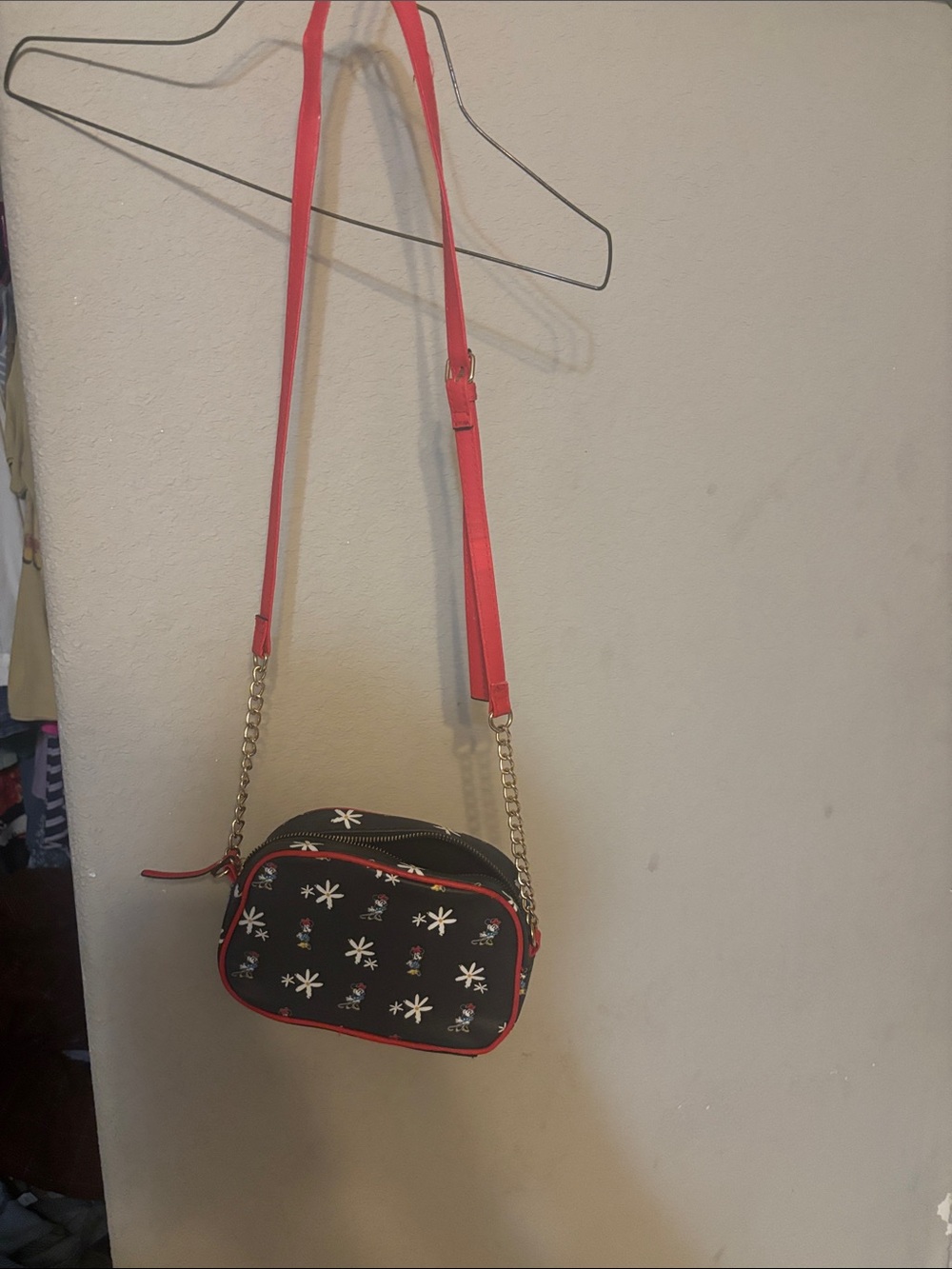 Disney Black Floral Crossbody Bag with Red Trim and Gold Chain